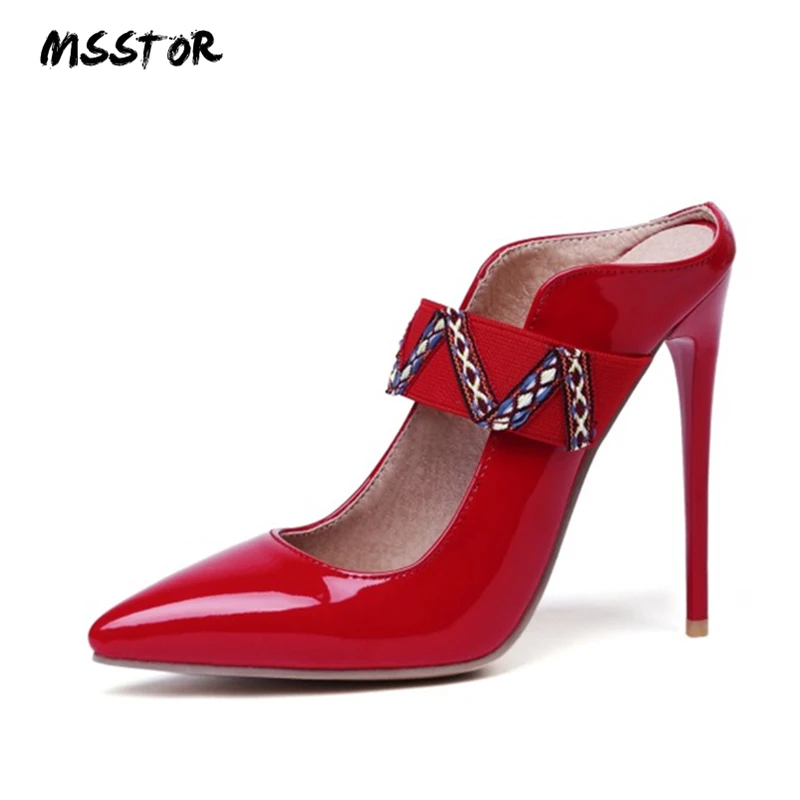 

MSSTOR Mixed Colors Women Summer Slippers Sexy Plus Size Appliques Yellow PU Mules High Heels Pointed Toe Ladies Shoes 12CM