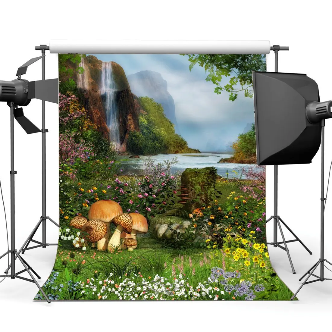 

Fairytale Jungle Forest Trees Backdrop Fresh Flowers Mushroom Green Grass Meadow Enchanted Garden Waterfall Background