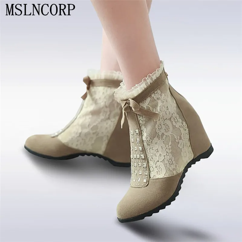 

size 34-43 Height Increasing Lace Summer Ankle Boots Lady Short Sandals Boots Wedges with Rhinestones Hidden Heel Ladies Shoes