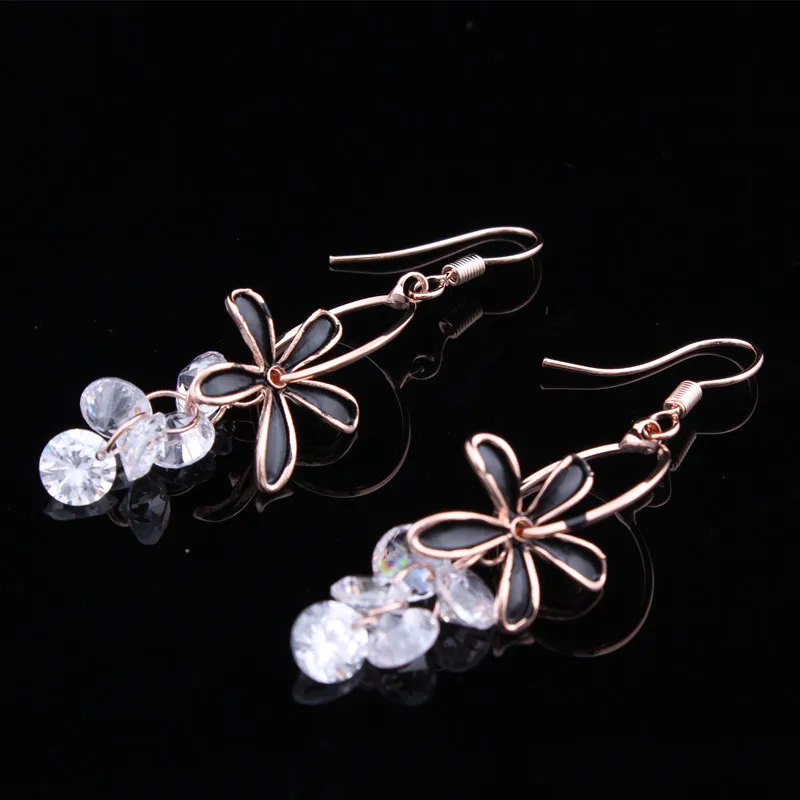 

SWOUR New Jewelry Gold Color Cubic Zircon CZ Leaf Black Enamel Flower Dangle Earrings E1342