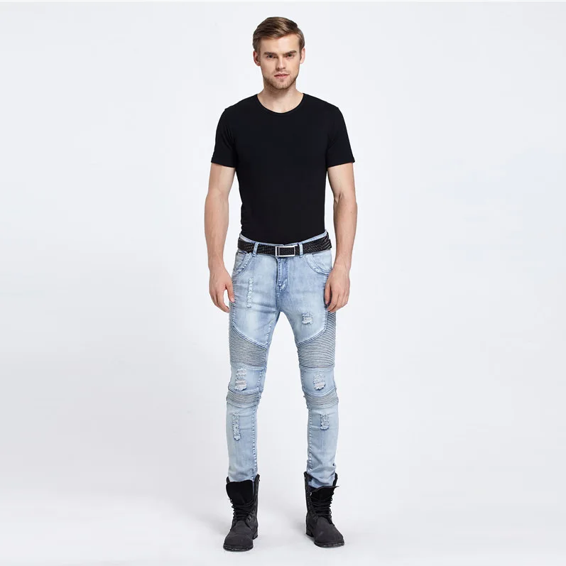 

NEW Men Jeans Ripped frayed Rider men Biker Jeans Motorcycle Washed Blue Black Moto Joggers Skinny male Rap Denim Pants