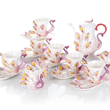 Керамическая эмаль посуда для напитков [21 шт набор; 6 чашек+ 6 тарелок+ 6 ложек+ 1 сахарница+ 1 емкость для молока+ 1 кофейник] Павлин Керамические Кофейные Наборы