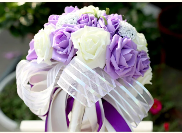 Новое поступление фиолетовый/розовый/синий цветок розы Для женщин свадебные букеты с лентой искусственный цветок розовый букет - Цвет: Фиолетовый