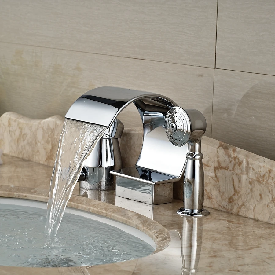 Wholesale And Retail Promotion Polished Chrome Brass Waterfall Spout Bathroom Sink Faucet Pull Out Hand Sprayer