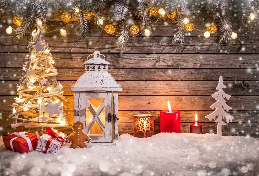 Laeacco Рождественская деревянная доска снежный свет боке Детская фотография фон Индивидуальные фотографические фоны для фотостудии