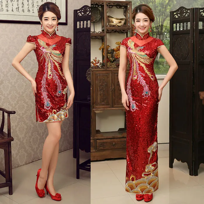 Красный Bling Для женщин Cheongsam Китайский Стиль блестками платье с Фениксом Bodycon блеск вечерние Макси платья-деко Ретро Lentejuelas Qipao