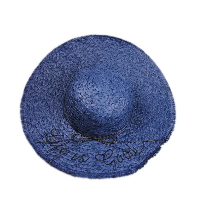 Новинка года; женская соломенная шляпа для девочек с бантом и надписью «Life is good Hat»; дышащие летние шапки; шляпа с большими полями - Цвет: Синий