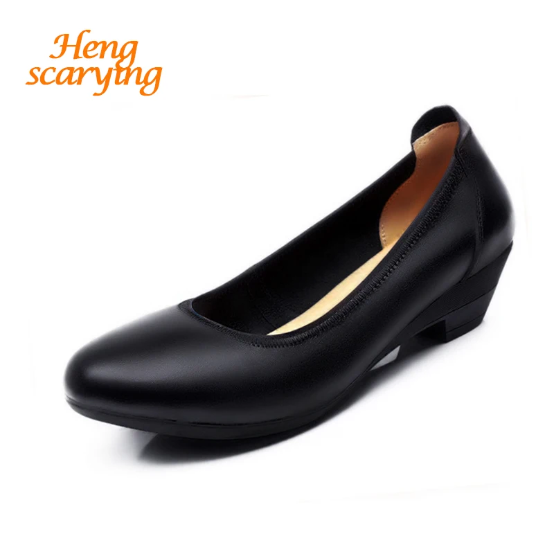 

2018 Women 3cm Low Heels Genuine Leather Plus Size 42 Wedge Block Heels Female Bridal Footwear Pumps Lady Talon Office Shoes
