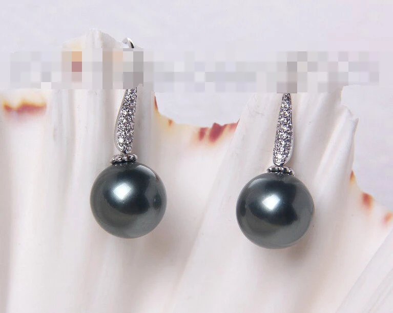 

FREE SHIPPING>>> 1227 round black south sea shell pearl dangle earrings