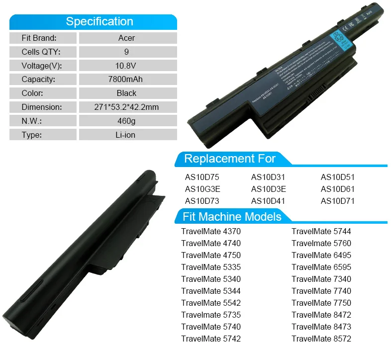 Новинка, для возраста от 9 cell Аккумулятор для ноутбука acer TravelMate 5744 5760 6495 6595 7340 7740 7750 8472 8473 8572 AS10D41 AS10D61 AS10D75 AS10D73