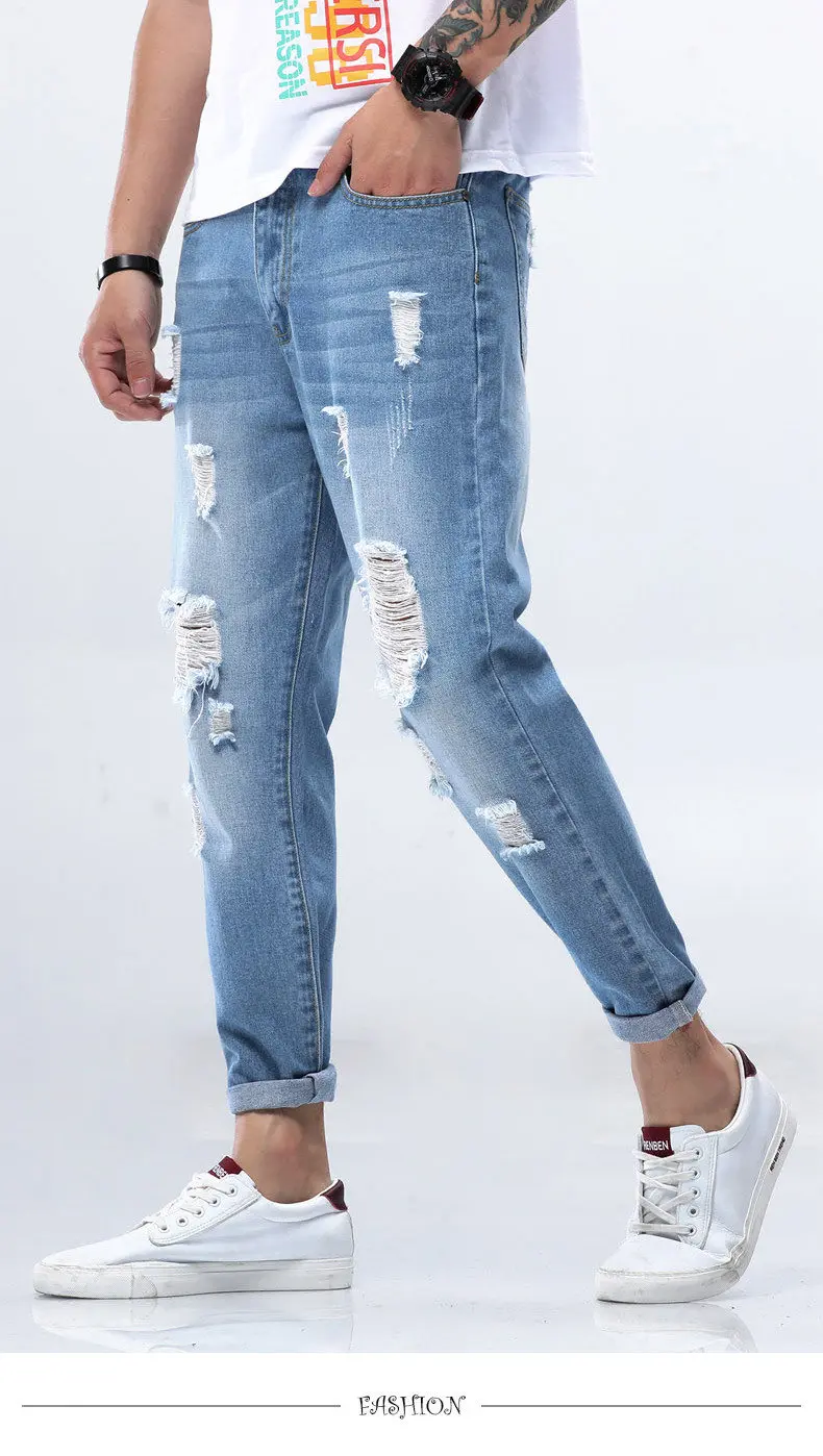Fashion Men Jeans Solid Pencil Pants Cotton Cargo Jeans Pant Simple Color Male Trousers Youth Full Length Brand Hollow Out Jeans 05