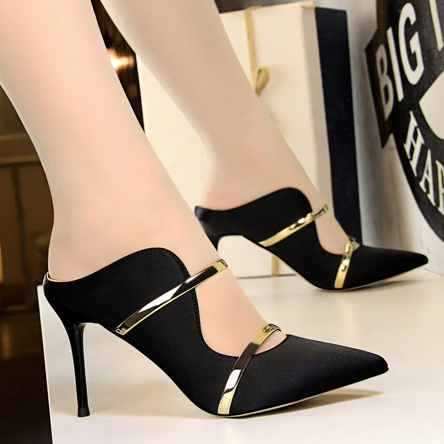Sexy women Sandals Fine with High heel Satin Shallow mouth Pointed Hollow metal Word Band slippers shoes woman BIGTREE