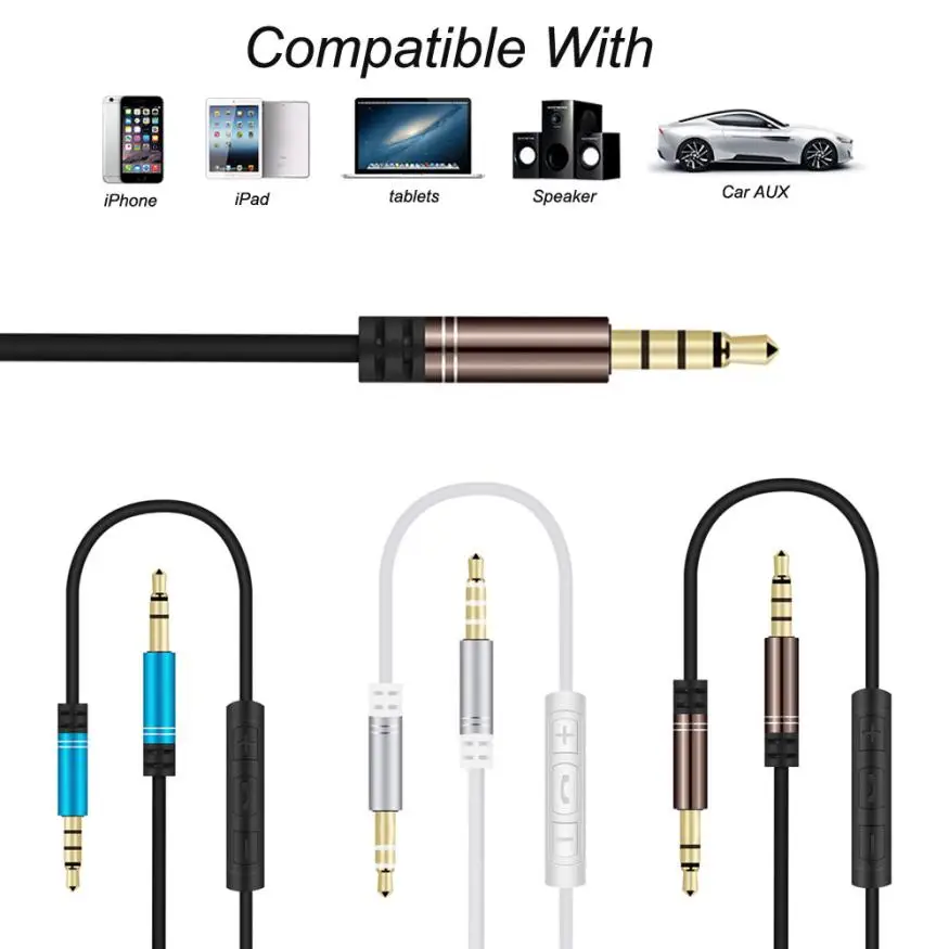 3.5mm Male To Male Aux Cables 1.5M Control Talk Headphone Audio Cable Lead With Mic For Monster July07