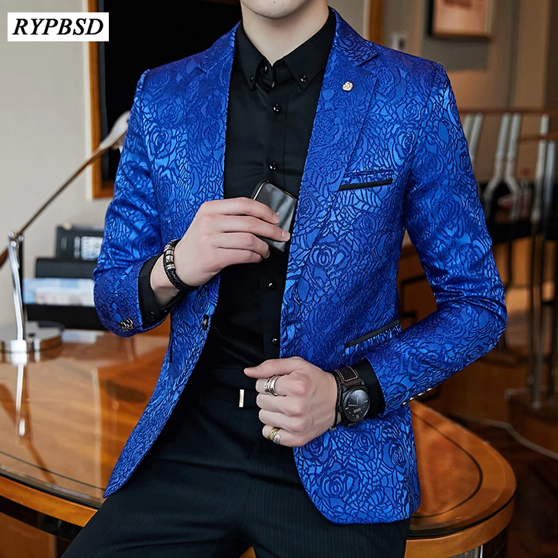 Rosa jacquard Print Slim Fit chaqueta azul real negro Promo para los hombres elegante Blazer negocio Casual partido traje de boda CAPA