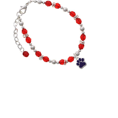 Silvertone Small Purple Paw Red Beaded Bracelet