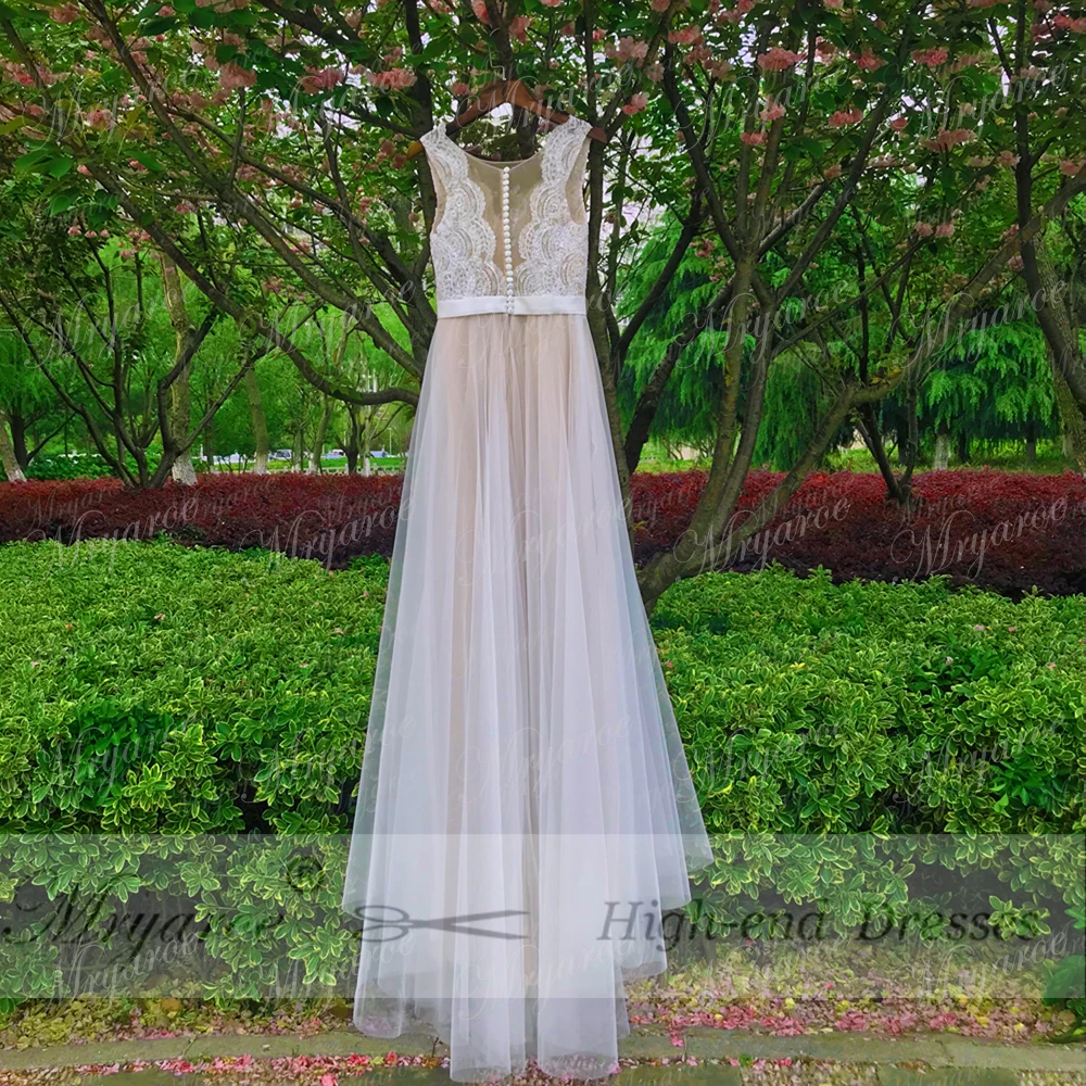 Mryarce 2018 Beach Wedding Dress Illusion Neck Lace Appiques Flowing Tulle Boho Summer Bridal Gowns  (5)