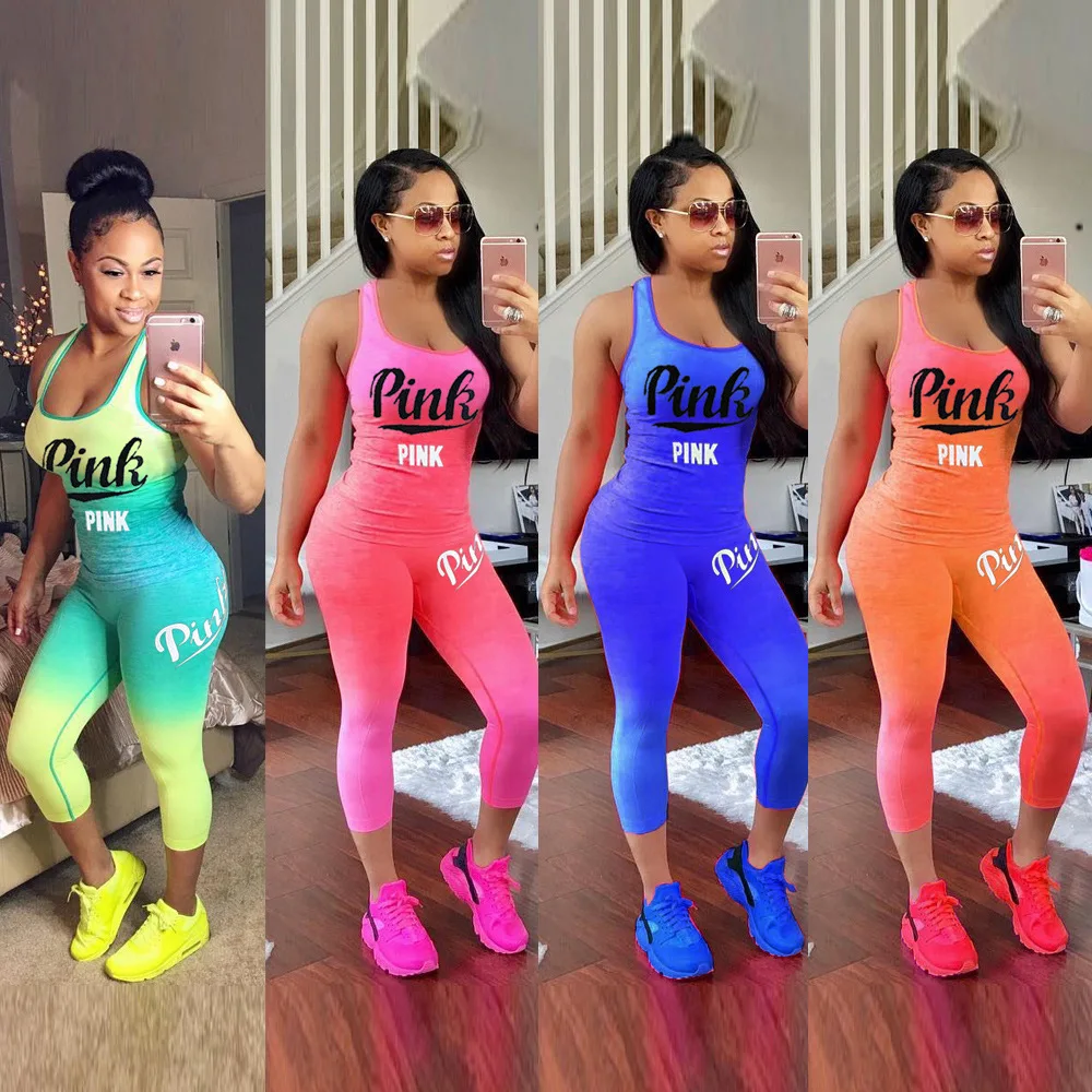 

Summer Casual 2 Piece Tracksuits Women PINK Letter Print Tanks Tops And High Waist Bodycon Ankle Length Pants