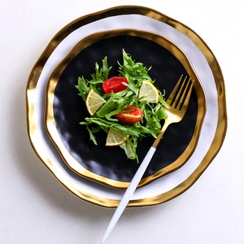 

Black and White Ceramic Western Plate dish Creative Retro Golden rim Breakfast Plate Home Restaurant Steak Plate Dessert Plate