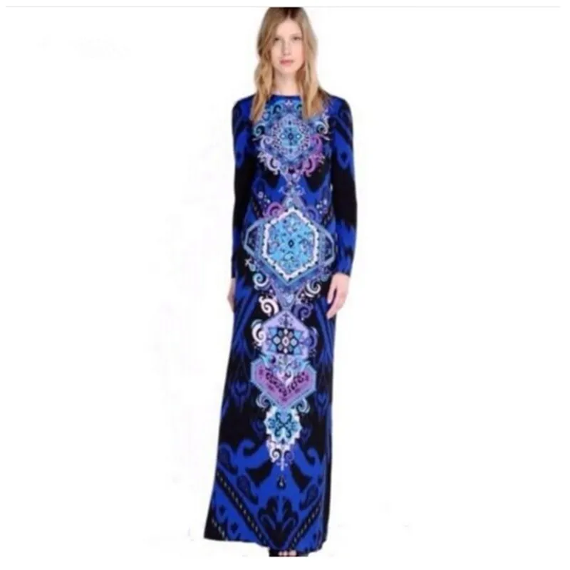 

New 2018 Italian Designer Luxury Brands Autumn Women's Long Sleeves Baroque Print Stretch Jersey Silk Maxi Slim Party Dress