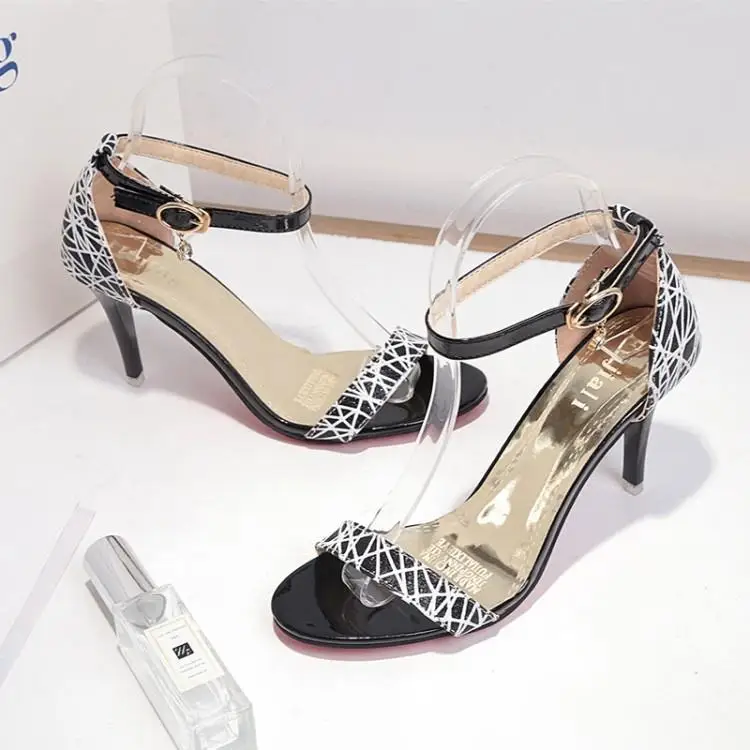 

Fashion Graffiti Leather Sandalias Mujer One Buckle Peep Toe Gladiators Cover Heel High Heels Ladies Stiletto Shoes Woman Summer