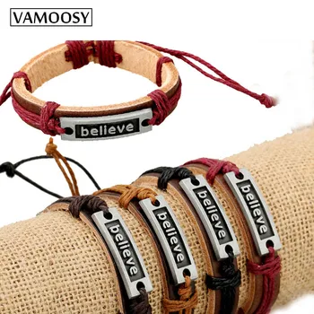 

VAMOOSY 2018 Male Leather Bracelets Black Strand Bracelets "Believe" Handmade Rope Braided Charm Bracelet Men Women Jewelry