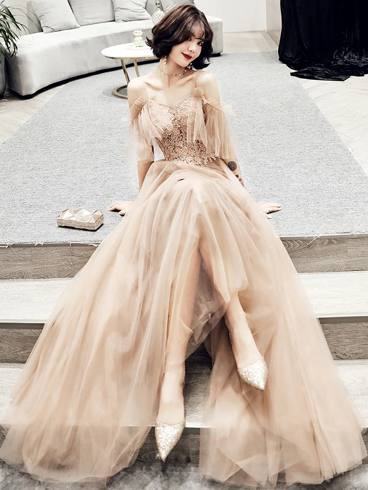 Сексуальное вечернее платье цвета шампанского Новая Мода Спагетти ремень а линия Формальное вечернее платье вечерние платья с аппликацией Haute кутюр - Цвет: Шампанское