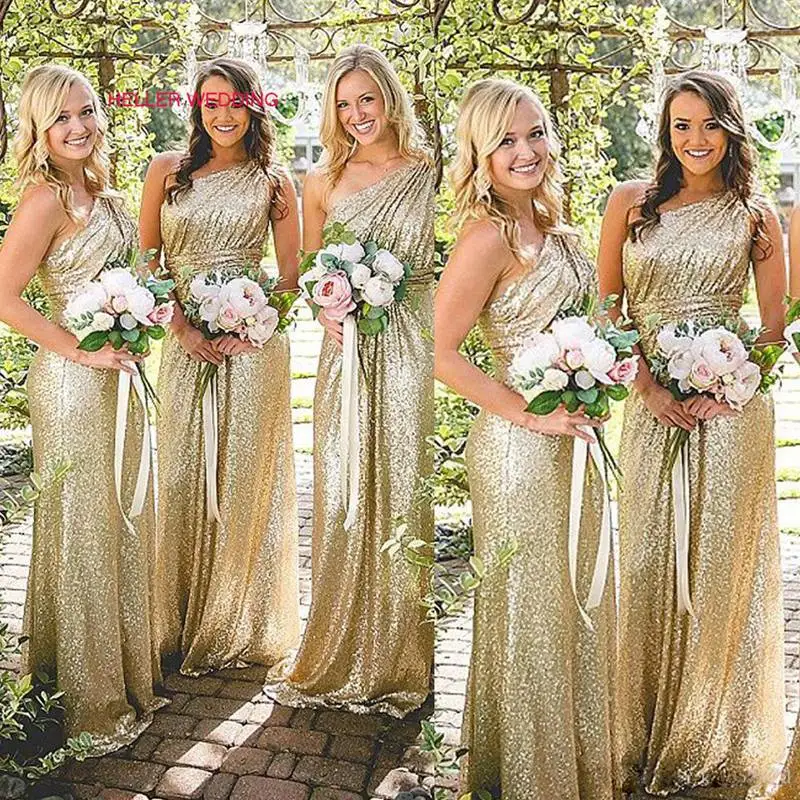 Золотое платье подружки невесты на одно плечо длиной до пола с блестками платья подружек невесты для свадьбы элегантное вечернее платье для свадьбы