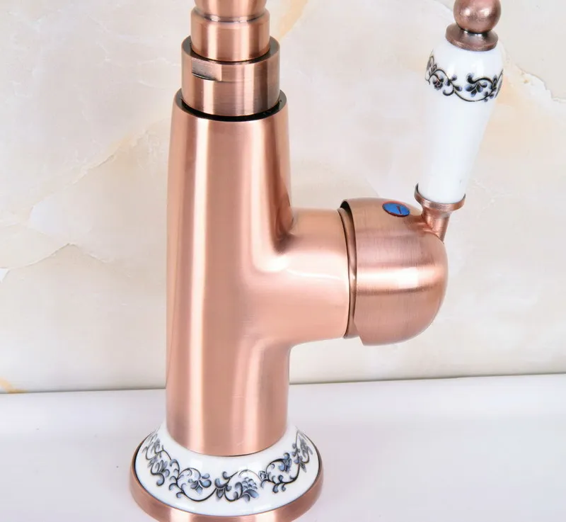 Antique Red Copper Brass Ceramic Base Kitchen Wet Bar Bathroom Vessel Sink Faucet Single Hole Swivel Spout Mixer Tap anf625