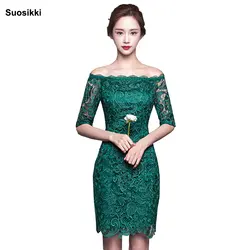 Suosikki Новый 2018 короткие модные элегантные Средний рукава Кружева Зеленый цвет вечерние повязки коктейльное платье красное вечернее платье