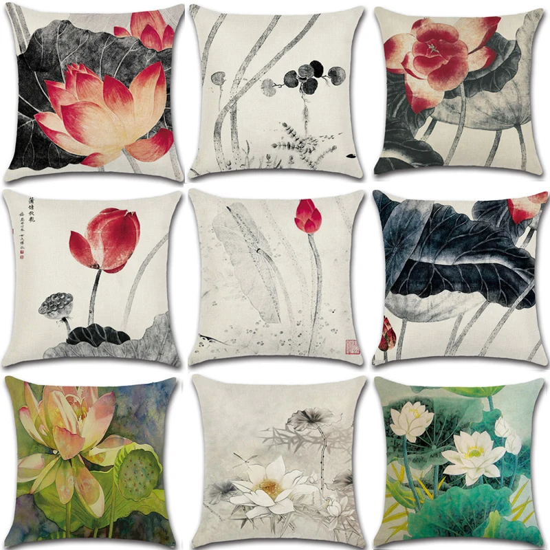 

Lotus Leaf Flowers Pattern Pillowcase Cotton Linen Throw Pillow Case Cushion Cover Home Sofa Decorative Chinese Style 45x45cm