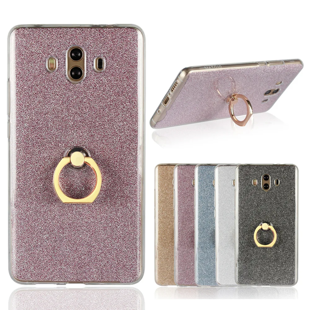 Silicone Case for Huawei Mate 10 Soft TPU Glitter Phone Transparent Protection Shell w/ Ring Grip Stand Holder Back Cover |