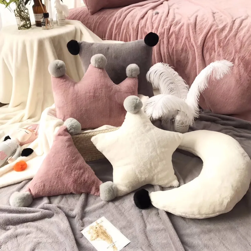 

Rabbit Fur Pillow Decorative Room Cartoon Star Heart Crown Pillow Cushion Balls Cute Baby Pillows Stuffed Plush Dolls Cusion