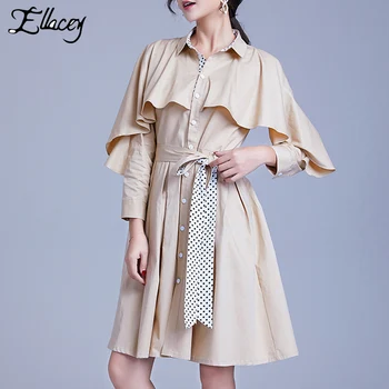 

Ellacey 2019 Spring Sashes Polka Dot Trench Coat Ruffles Shawl Windbreaker Single-breasted Cloak Sleeve Women's Skirt Trench
