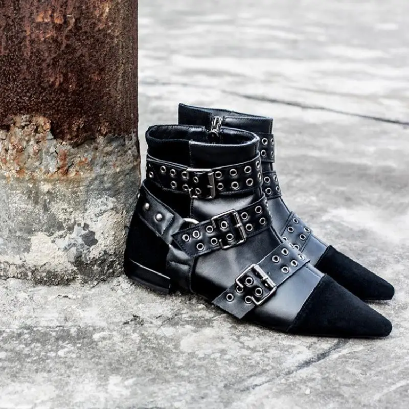 

Fashion Patchwork Women Ankle Boots Pointed Toe rivets studded Ankle Boots Runway three Strap buckled Gladator Short Boots Woman