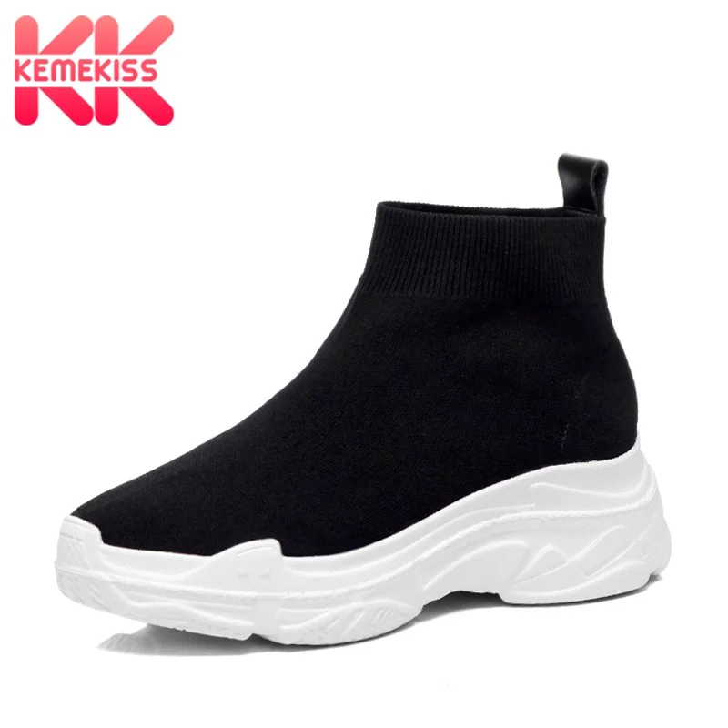 

KemeKiss Casual Ankle Boots Winter Real Leather Patchwork Knitted Stretch Shoes Women Wedges Boots Warm Fur Footwear Size 34-40