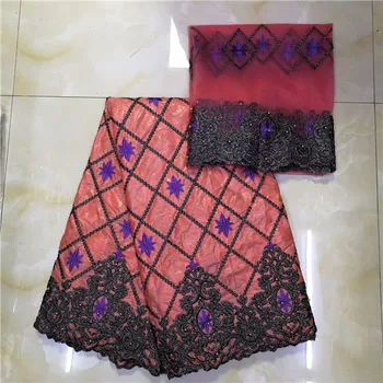 

Latest African pink Brocade fabric wholesale cotton bazin riche getzner with tulle lace for nigeria wedding