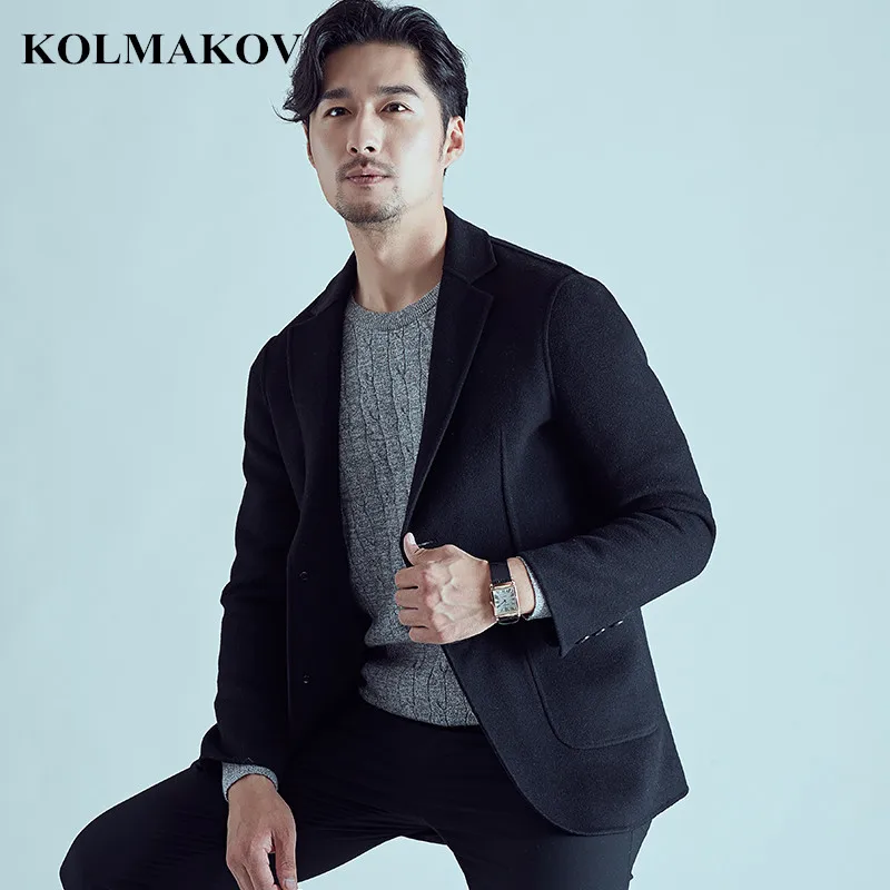 

KOLMAKOV Men's Clothing 2018 New Mens Woolen Coats Outwear Winter Black/Grey Double Fasced Soft Wool Short Jackets Masculino