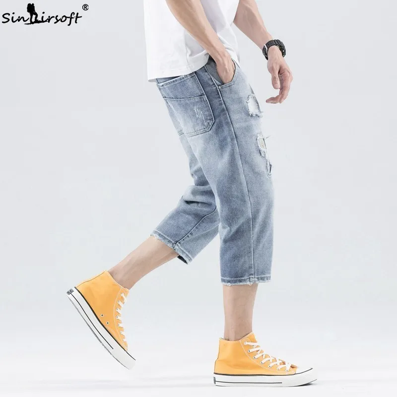 

SINAIRSOFT New 2019 Summer Hole Denim Cropped Jeans Men's Cotton Denim Shorts Casual Jeans Retro Thin Section Summer