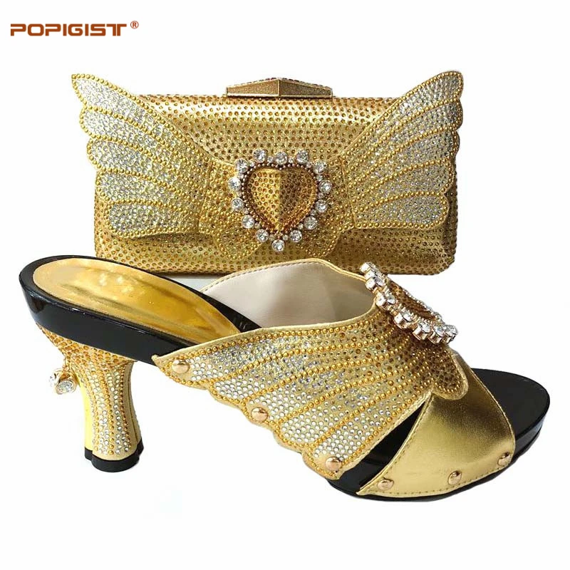 New 2019 Gold Color Matching Shoes and Bag Set Italian