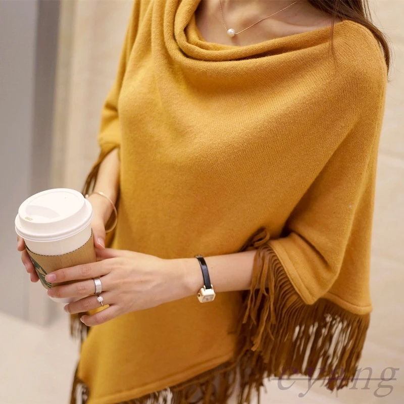 

Women Knitted Shawl Tassel Sweater Oversized Cape Poncho Winter Autumn Loose Sweaters Pullover irregularity Cloak Tops 5 Color