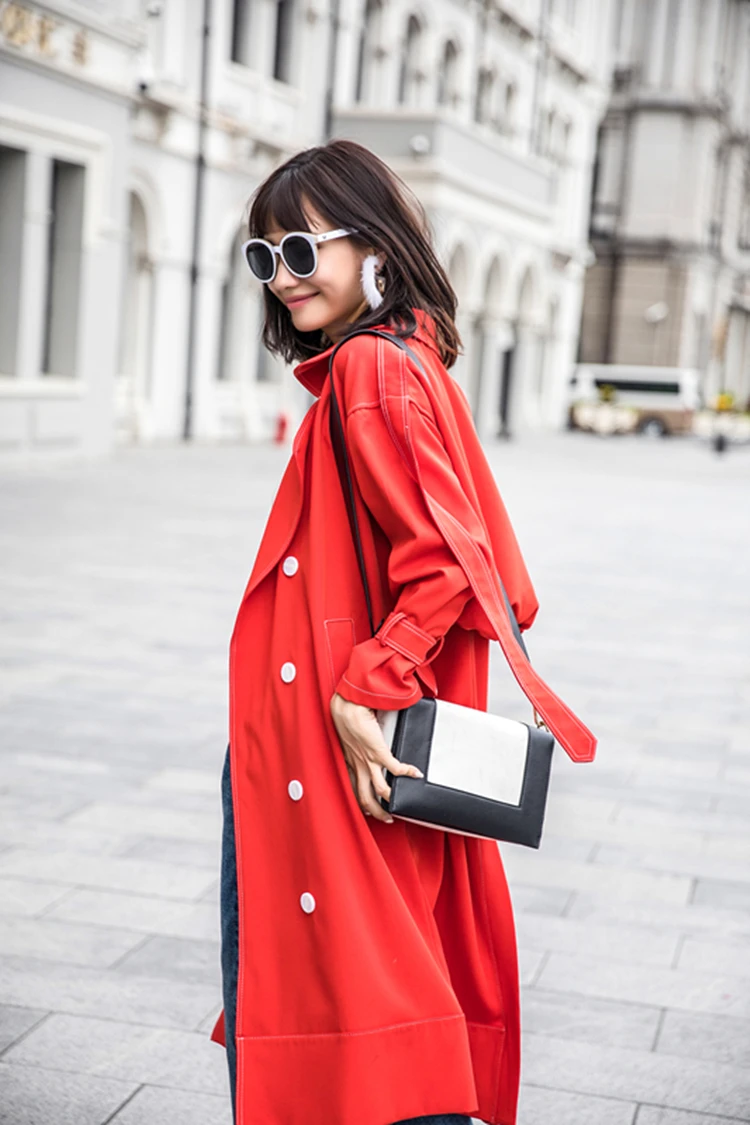 Одноцветное Удлиненные женщин Тренч 2017 уличная Пальто осень красный двубортный