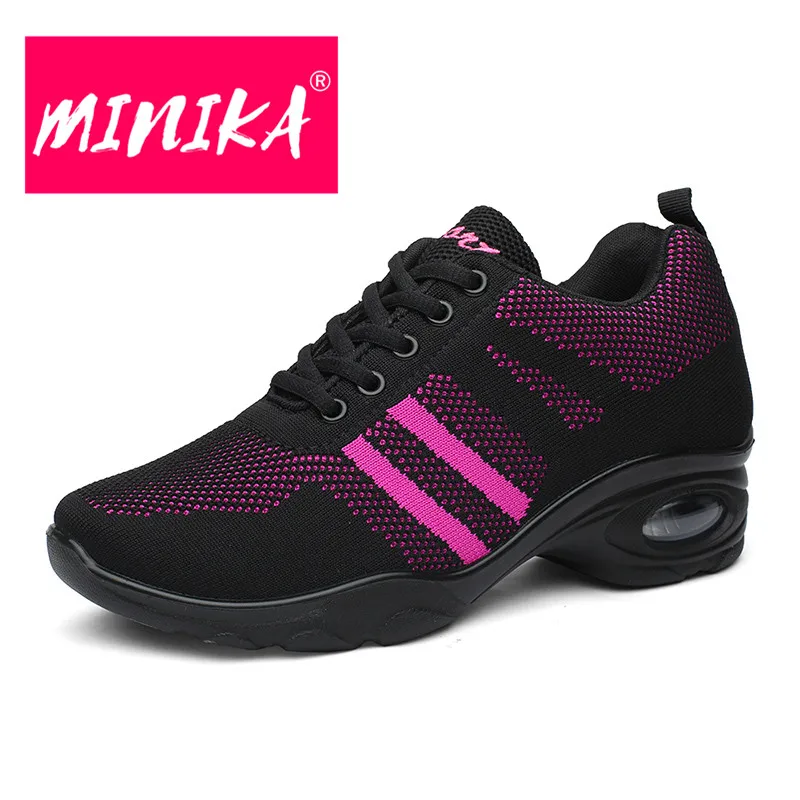 

MINIKA Casual Breathable Air Mesh Lace-up Wedges Shoes Woman Fashion Shallow Striped Lightweigh Shockproof Female Dance Sneakers