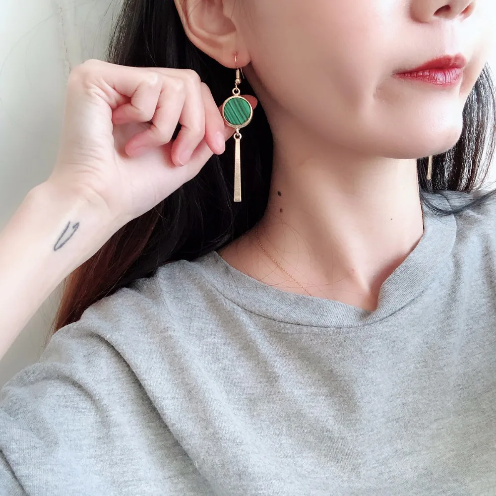 

Ethnic Style Vintage Green Stone Metallic Circle Dangle Earrings Geometric Golden Boho Drop Earrings For Women