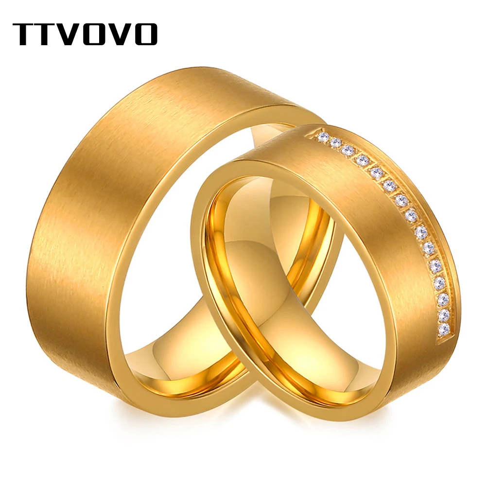 

TTVOVO Gold-Color Wedding Rings for Women Men CZ Stones Surgical Steel Engagement Bands Promise Personalized Engraved Love Rings