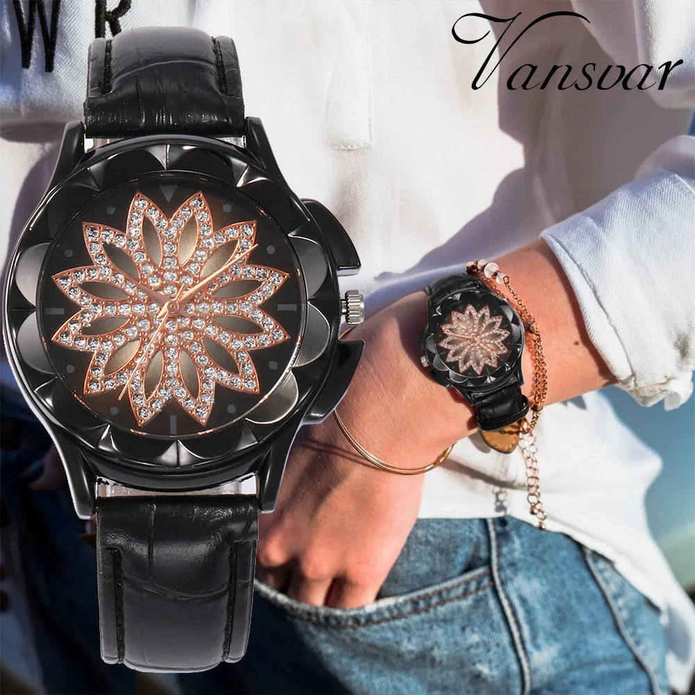 

Fashion Women Flower Rhinestone High Quality Wrist Watches Leather Band Luxury Casual Female Quartz Watch Relogio Feminino F4