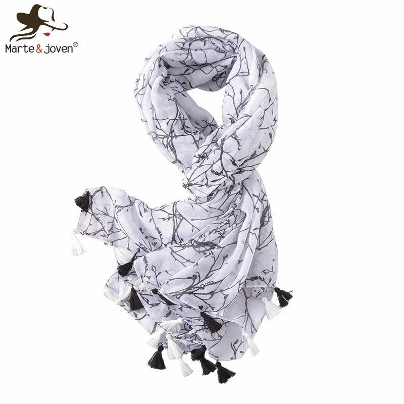 

Marte&Joven Branch Tree Leaf Pattern Tassels White Scarves for Women Elegant Spring Autumn Shawls Ladies Large Size Warm Hijab