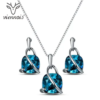 

Viennois Fashion Blue Crystal From Women Jewelry Sets Trendy Dangle Earrings And Pendant Chain Necklace Sets