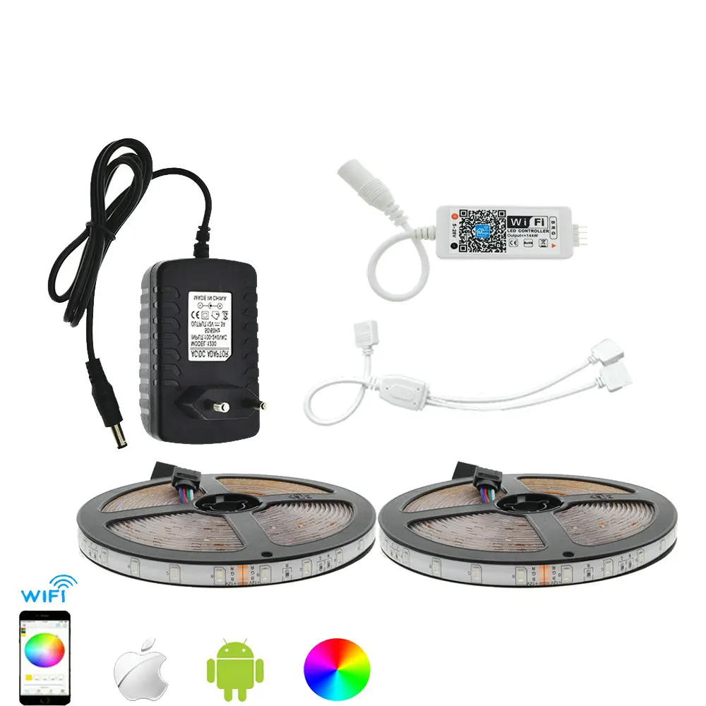 

LED Strip Set IP65 Waterproof 3528 RGB 10M/600LED Flexible Strip Light+App Control MIni Wifi RGB Controller+12V 3A Power Adapter