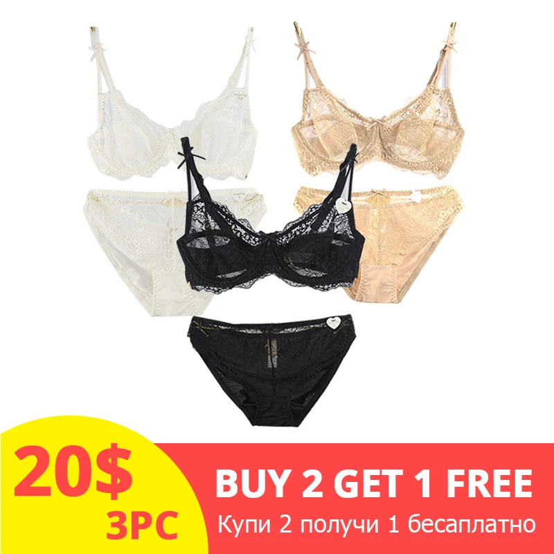 

3 Piece Plus Size Lace Lingerie Set Push up brassiere Sexy Lace Underwear thin cup Transparent intimate Women Underwear