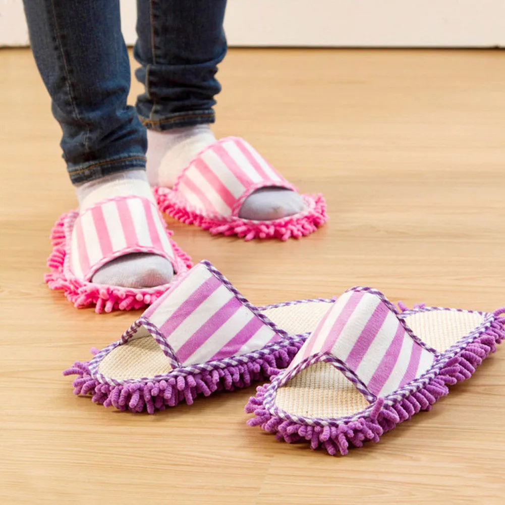 

Quick Cleaning Floor Striped Polishing Lazy Chenille Dusting Foot Shoes Coral Fleece Washable Mop Slippers #2
